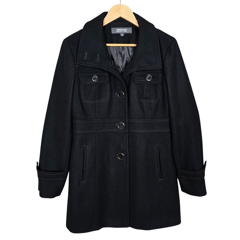 Kenneth Cole Reaction Women's Black Wool Blend Button Down Lined Peacoat 12
